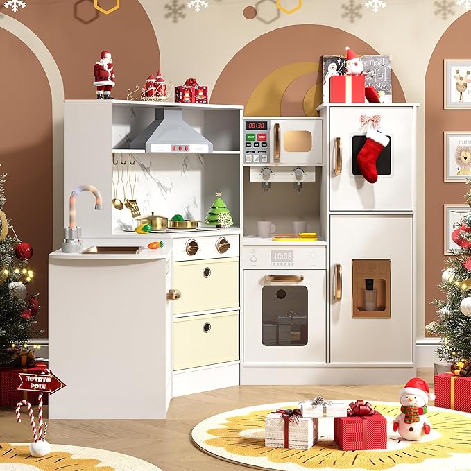 Wooden Play Kitchen for Kids with Realistic Lights & Sounds, Smart Storage, Pretend Ice Maker, Sink, Stove, Inspiring Creative Role Play Toy for Ages 3+(White)