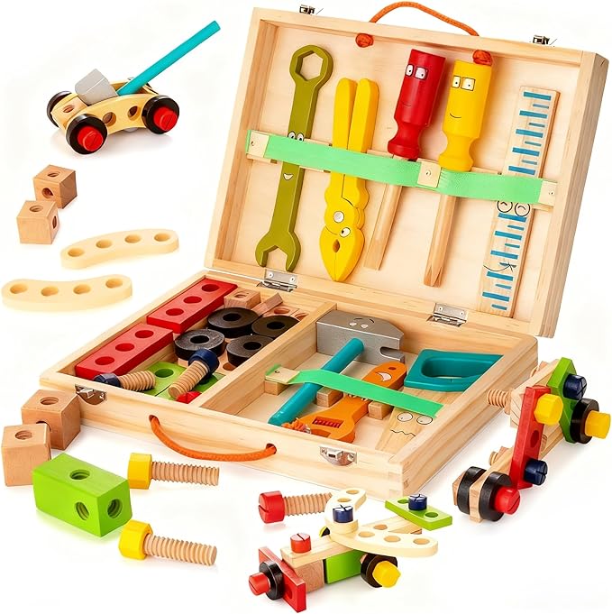 KIDWILL Tool Kit for Kids, 36-Piece Wooden Toddler Tools Set Includes Tool Box, Montessori Educational Stem Construction Toys for 2 3 4 5 6 Year Old Boys Girls, Best Birthday Gift for Kids