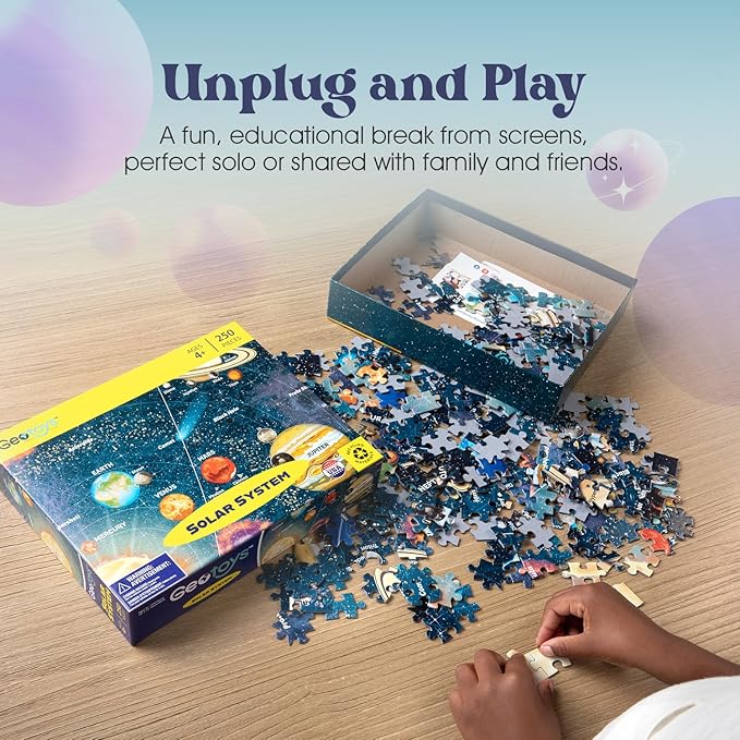 Geotoys Solar System Puzzle for Kids - Space Puzzle for 4+ Year Old, Includes Planets, Stars, and More - 250 Piece Puzzles for Kids - Made in The USA Vibrant Educational Jigsaw Puzzles