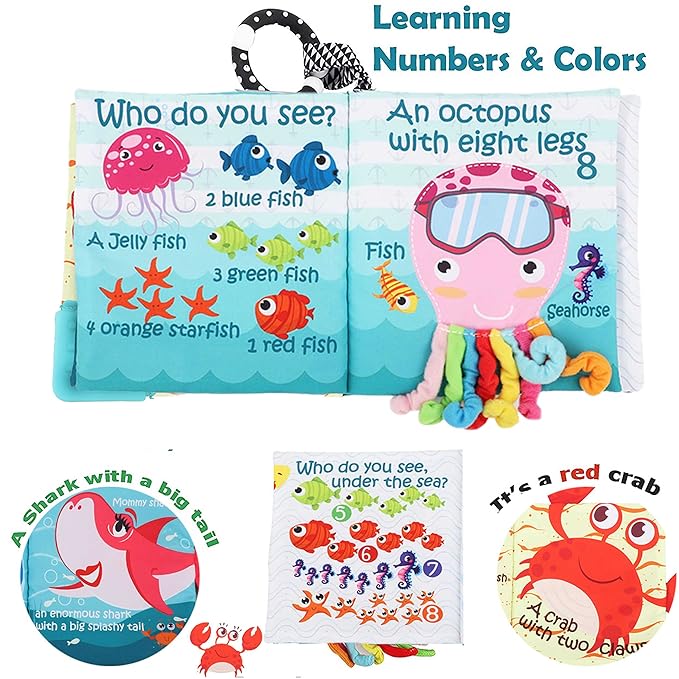 Fish Baby Books Toys, Touch Feel Cloth Crinkle Books for Babies,Baby Infant Toys 0-6, 6-12,12-18 Months,Early Learning Education, Christmas Shower Baby Gifts for Boys Girls,Teething,Mirror,Shark Ocean
