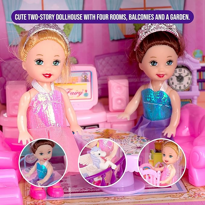 Dollhouse with 4 Princesses, 4 Unicorns, Dog, Furniture and Accessories - Pink and Purple Dream Doll House Toy for Little Girls - 5 Rooms w/Garden, Furniture and Accessories, Gift for Girls Ages 2-7