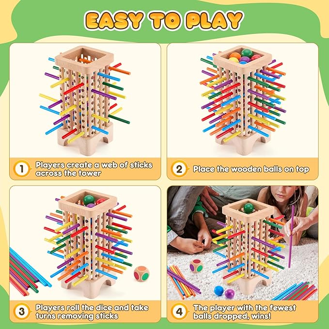 Montessori Game Wooden Board Games, 42 Colorful Sticks Dice Game Math Learning Toys for 3 4 5 6 Year Olds, Builds Fine Motor Skills & Counting, Family Travel Games for 3 Year Olds Gift for Kids