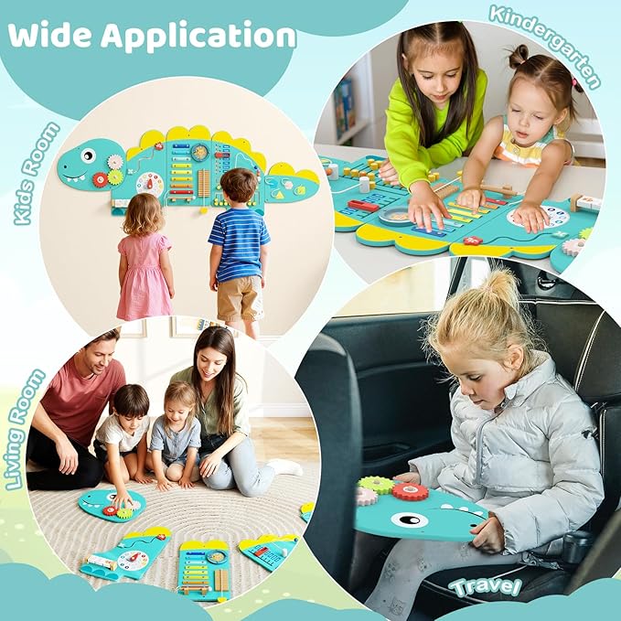 GLACER Dinosaur Wall Busy Board Panels, 11-in-1 Wooden Learning Activity Center for Early Education, Wall-Mounted Montessori Sensory Toddler Toys for Playroom, Daycare, Nursery (Green)