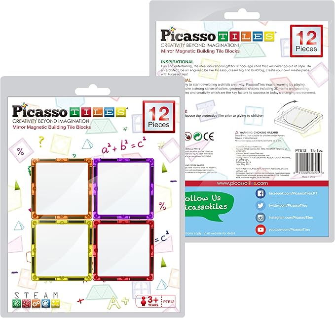 PicassoTiles Mirror Magnetic Building Tile Blocks, Construction Sensory Gifts Magnets Expansion Square Set, Toddler Magnets, Educational Toys for 3+ Year Old, Kindergarten Toys, Stacking Blocks