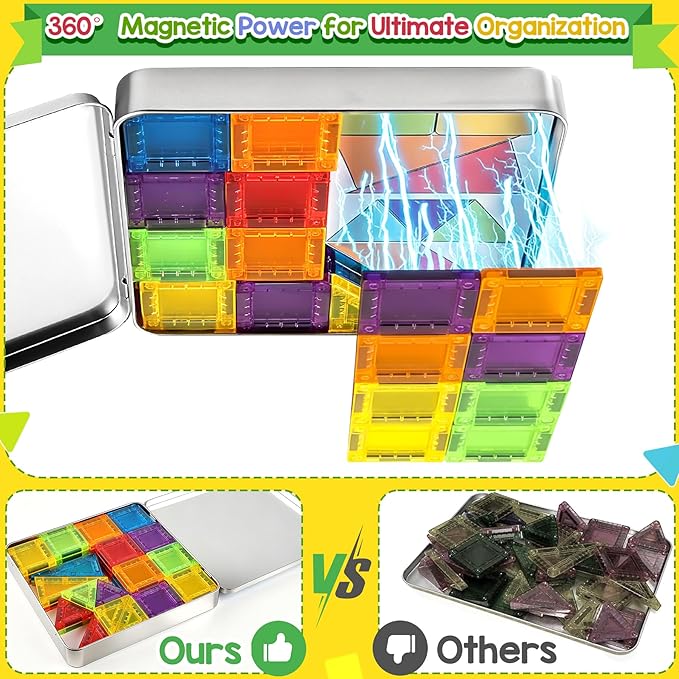 Enjoyjoy Mini Magnetic Tiles - 50PCS Travel Magnetic Tiles Set with Metal Case Portable On-The-Go Magnet Tiles for Kids Magnet Building Blocks Ages 3+ Boys and Girls Christmas Birthday Gift