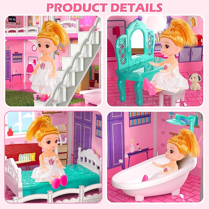 Dollhouses, Housetoys Furniture Pink Girl Toys, 4 Stories 10 Rooms Dreamhome with 2 Princesses Slide Accessories, Toddler Playhouse Gift for for 3 4 5 6 7 8 9 10 Year Old Girls Toys