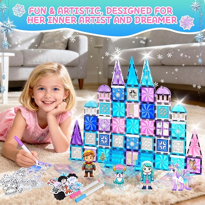 Princess Castle Magnetic Tiles 112PCS with 4 Dolls 2 Stairs & Magnetic Art Decors Kit, Diamond Blocks Magnet Tiles for Kids 3-5 4-8-12, Magnet STEM Princess Toys for 3 4 5 6 7 8+ Girls Kids Xmas Gifts