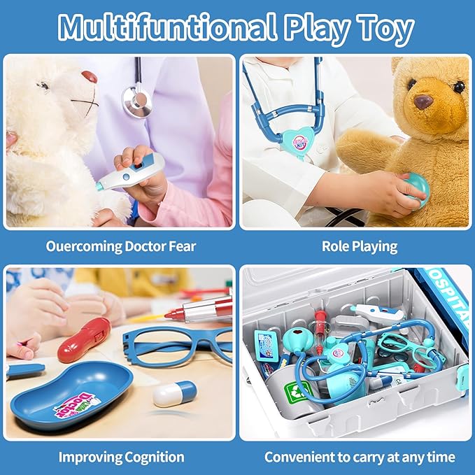 Doctor Kit for Kids Toddlers 3-8, 2 in 1 Kids Doctors Play Set with Costume, Stethoscope and Surgical Light, Pretend Medical Station Set for Boys Girls Birthday