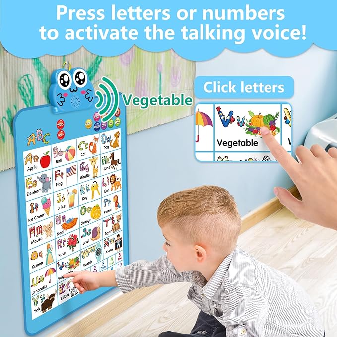 Electronic Interactive Double-Sided Alphabet Wall Chart, Talking ABC & 123 & Music & Learning Poster, Educational Toddlers Toys for Ages 3-4 Kids Gift, Best for Preschool Boys & Girls(Blue)