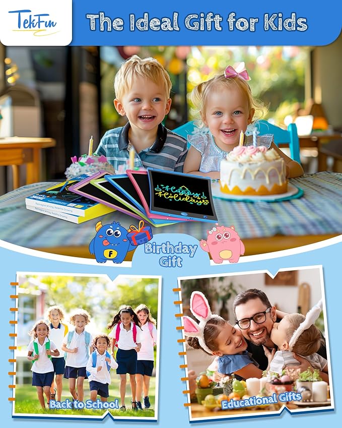 TEKFUN 4 Pack LCD Writing Tablet with Stylus, 8.5in Erasable Doodle Board Mess Free Drawing Pad for Kids, Car Trip Educational Toys Birthday Christmas Gift for 3 4 5 6 7 Girls Boys