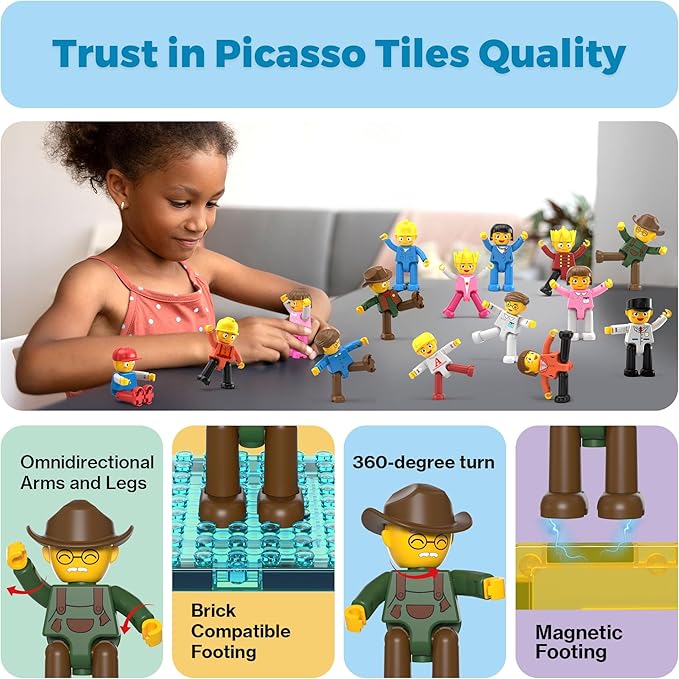 PicassoTiles Magnetic Figure Playset 15 PCS Rotatable Characters Toys for Kids Add On Set for Building Block Tiles Toddlers Sensory Pretend Play Travel Gift