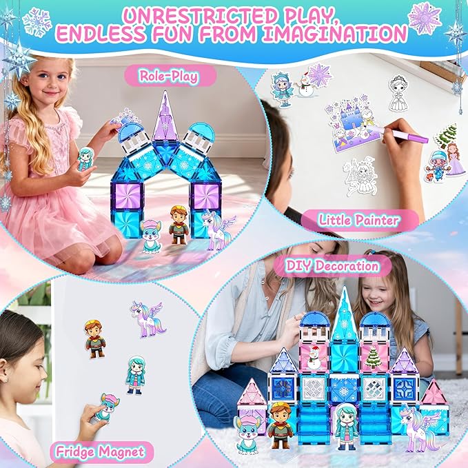 Princess Castle Magnetic Tiles 112PCS with 4 Dolls 2 Stairs & Magnetic Art Decors Kit, Diamond Blocks Magnet Tiles for Kids 3-5 4-8-12, Magnet STEM Princess Toys for 3 4 5 6 7 8+ Girls Kids Xmas Gifts