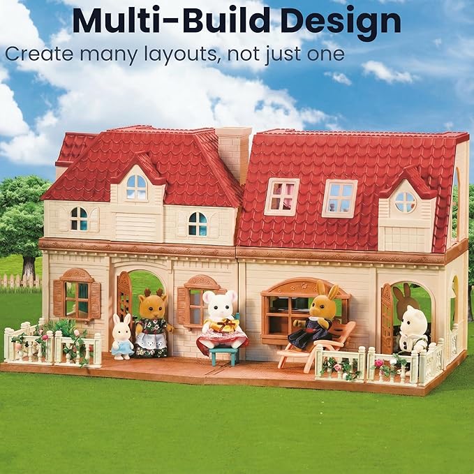 Family Grand Doll House — Light-Up 2-Story Cozy Cabin with Furniture & Bunny Figure, Complete Dollhouse Playset for Creative Pretend Play, Gift for Kids Ages 3+