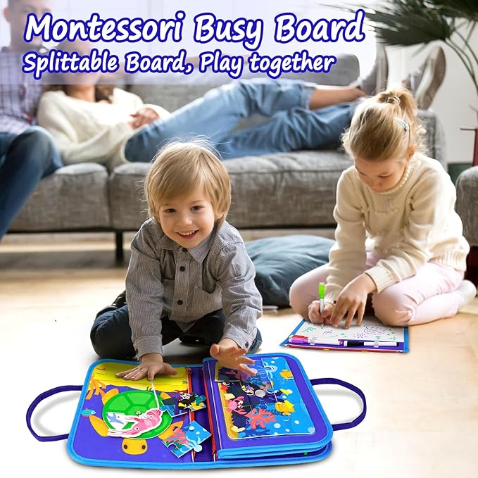 Busy Board, Ocean Toddler Busy Book Montessori Toys for 1 2 3 4 Year Old, Sensory Board Learning Activities Fine Motor Skills, Christmas Birthday Gifts for Girls Boys, Travel Toys for Airplane Car