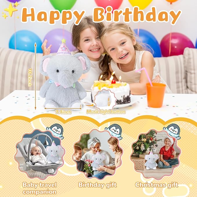 Happy Birthday Interactive Elephant, Musical Birthday Stuffed Animal Recording Mimicking Toy, Clapping Activates Singing Dancing Shaking, Cute Elephant Plush Gifts for Kids Girls Boys