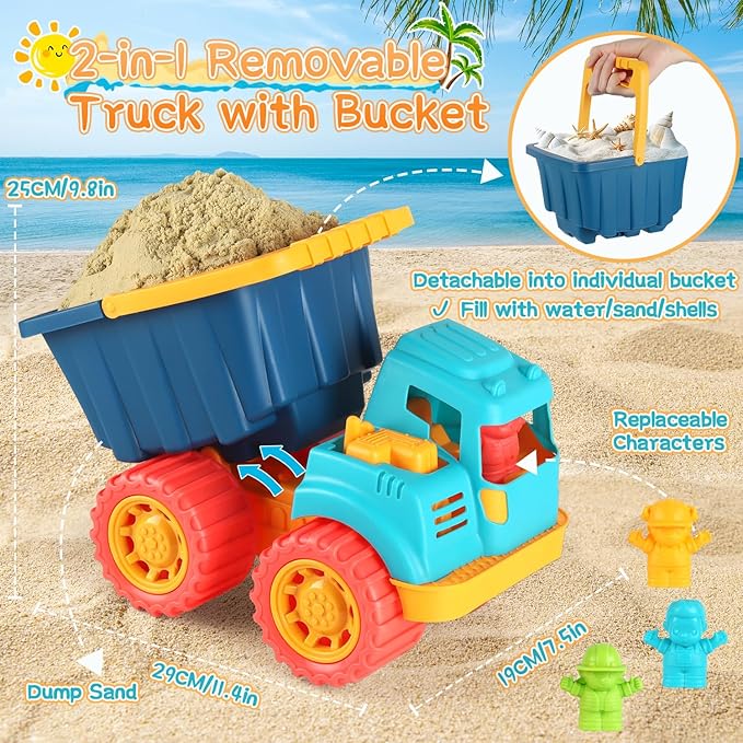 Beach Sand Toys, Large Dump Truck with Bucket, Sandbox Construction Toy Sand Castle Building Kit with Mesh Bag, Sand Molds, Shovels, Worker Figures, Kids Toddlers Summer Outdoor Travel Toys