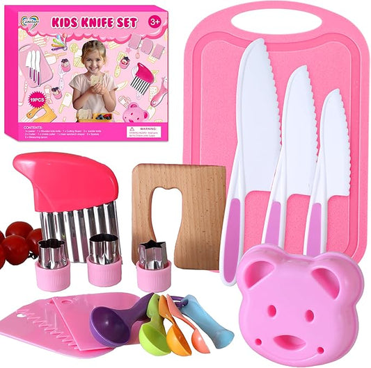 29 Pieces Kitchen Tools-Kids Cooking Sets Real-Toddler Knife Set for Real Cooking, Montessori Toys for 3+,Toddler Utensils with Safe Knives Crinkle Cutter Cutting Board