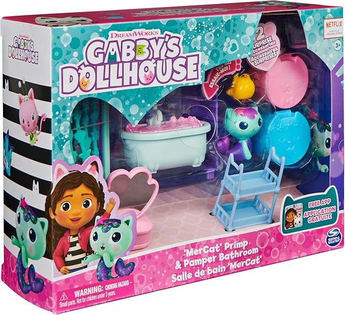 Gabby’s Dollhouse, Primp and Pamper Bathroom with Mercat Figure, 3 Accessories, 3 Furniture and 2 Deliveries, Kids Toys for Ages 3 and up