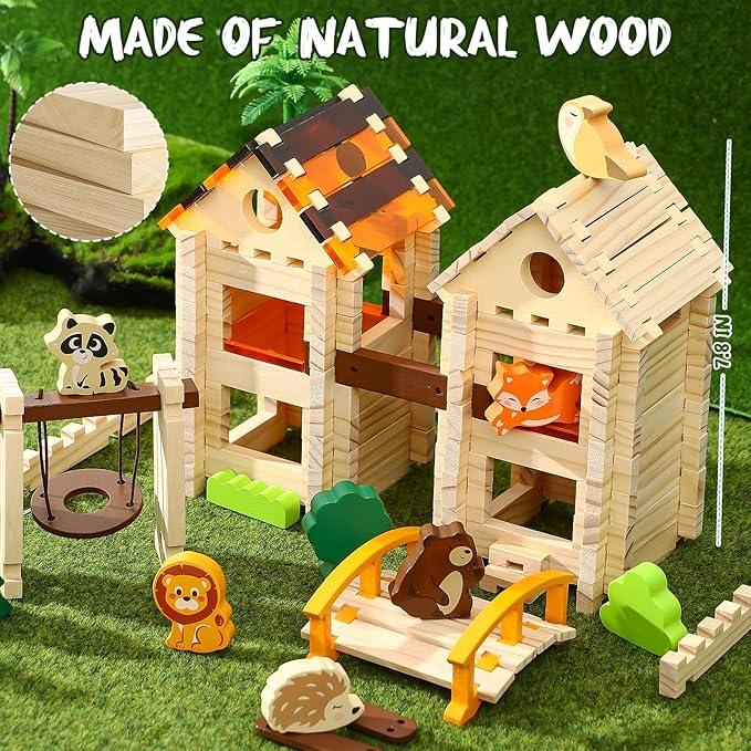 Toyssa Wooden Building Blocks for Kids Ages 4-8, 167 PCS Stacking Blocks STEM Building Toys with Animals & DIY House, Christmas Birthday Gifts for Girls Boys 4 5 6 7 8 Years Old