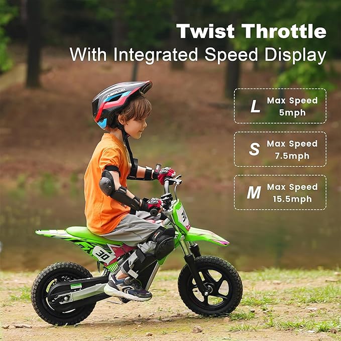 Electric Dirt Bike for Boys Girls Ages 3-8, 250W High Racing Competition Grade Motorcycle, Up to 15MPH 3 Speed Settings Balance Bike, 12IN Off-Road Tires & Advanced Shock Absorption, Green