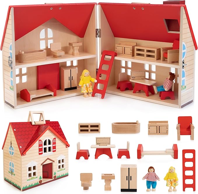 Foldable Wooden Dollhouse with 13pcs Furniture, 4 Rooms and 2 Flexible Dolls, Pretend Play House Set with Portable Handle, Christmas Birthday Gift for Boys Girls Kids Age 3+
