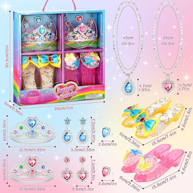 Princess Dress Up Shoes Set Girls Role Play Shoes Toddler Pretend Jewelry Toys Set Gift Set 2 Pairs of Shoes Kit Collection of Tiara Crown Earrings Necklace Rings for Girls Aged 3-6 Years Old