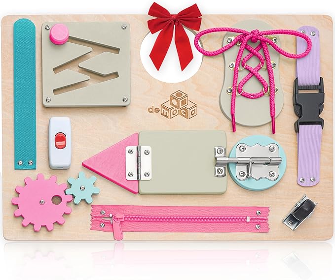 deMoca Sensory Busy Board for Toddlers, Premium Wooden Toddler Busy Board for 1 2 3 Year Old with 10 Educational Activities for Fine Motor Skills, Fidget Activity Toy for Travel Toy