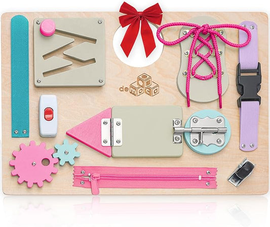 deMoca Sensory Busy Board for Toddlers, Premium Wooden Toddler Busy Board for 1 2 3 Year Old with 10 Educational Activities for Fine Motor Skills, Fidget Activity Toy for Travel Toy