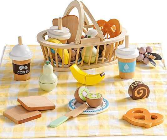 ROBUD Wooden Play Food for Kids, Picnic Cutting Fruit for Toy Kitchen Accessories, Picnic Basket Toy Set with Realistic Play Food, Develop STEM & Make, Montessori Toys for Toddler, WG422