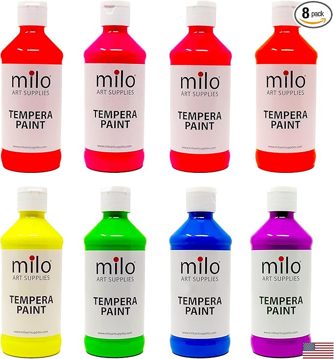 milo Fluorescent Neon Washable Paint for Kids | 8 oz Bottles 8 Colors | Made in the USA | Glows UV in Black Light | Safe & Non-Toxic Tempera Paint for Art & Craft, Poster, Window, for Children, Toddler, Classroom, School
