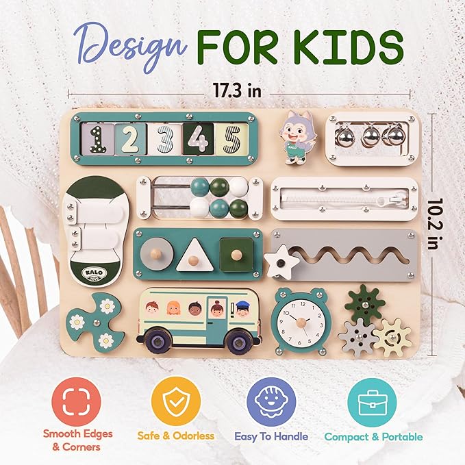 Large Busy Board Montessori Toys for 1 2 3 Year Old - Sensory Toys for Toddlers 1-3 - Fine Motor Skills & Early Learning - Montessori Gift for Boys & Girls - Travel-Friendly & Safe (Green)