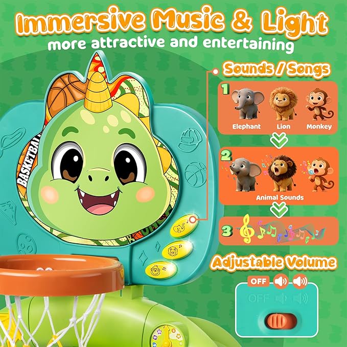Toddler Basketball Hoop & Soccer Goal, Dinosaur Sports Play Toy Activity Center, Interactive Musical Sports Toys with Light, Christmas Birthday Gift for Boys Girls Age 1-3
