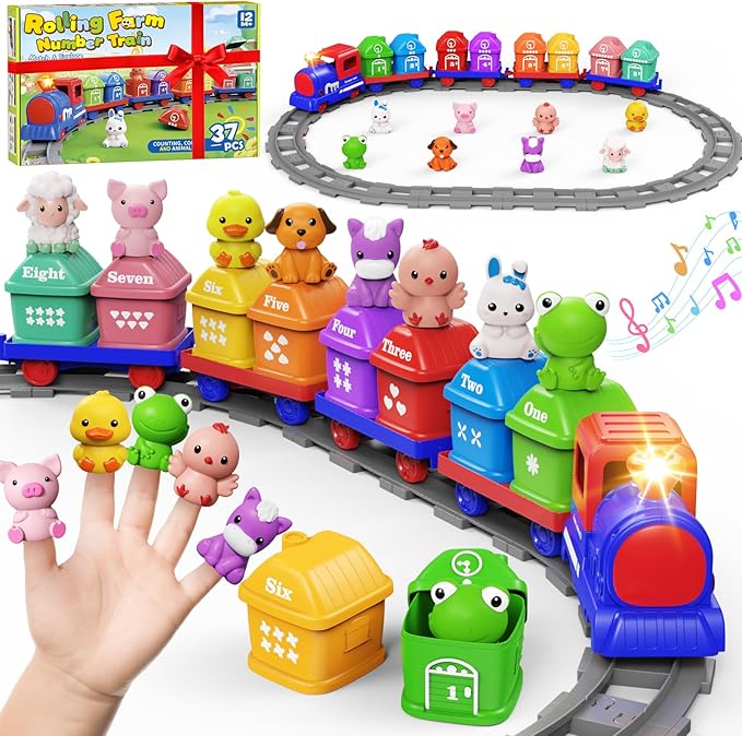 Learning Toys for Toddlers 1 2 3 Year Old,Electric Farm Train Set for Girls 2-4,Counting Matching & Sorting Montessori Train Toy with Farm Animals, Music, Light, Christmas Birthday Gift Baby (blue)