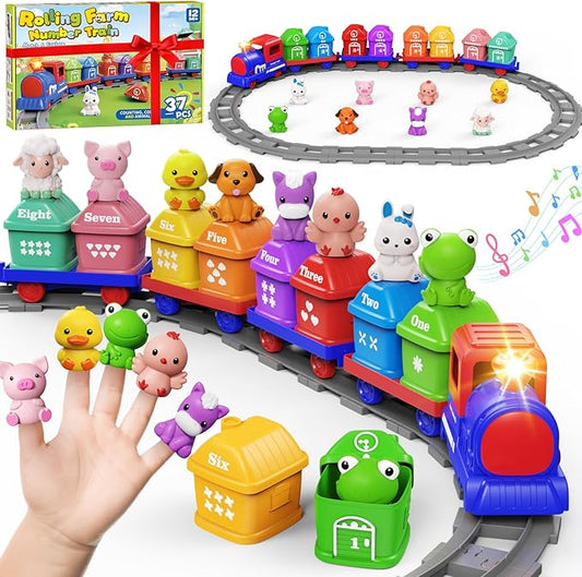 Learning Toys for Toddlers 1 2 3 Year Old,Electric Farm Train Set for Girls 2-4,Counting Matching & Sorting Montessori Train Toy with Farm Animals, Music, Light, Christmas Birthday Gift Baby (blue)
