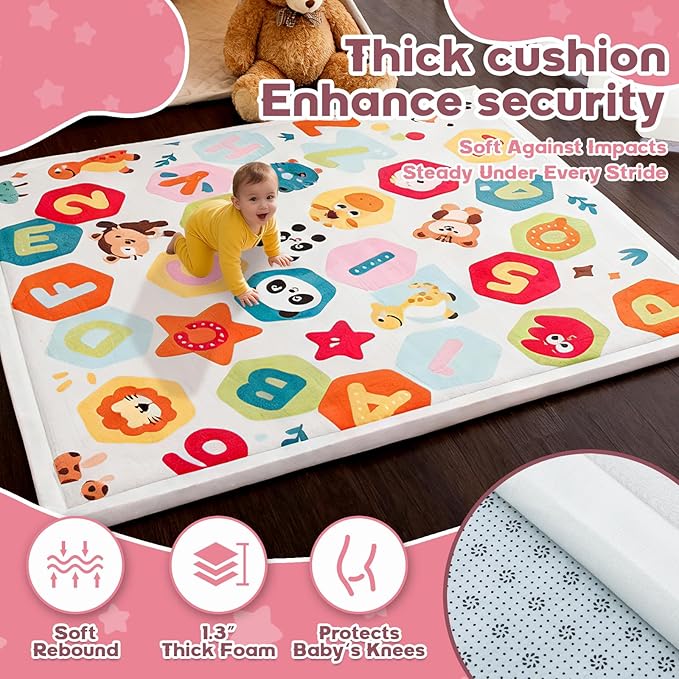 Baby Play Mat for Floor, 50'' x 50'' Thicken Foam Soft Padded Mat for Tummy Time, Playpen Playmat for Toddlers, Water-Repellent Coral Velvet, Non-slip Bottom Safe for Crawling (Animal)