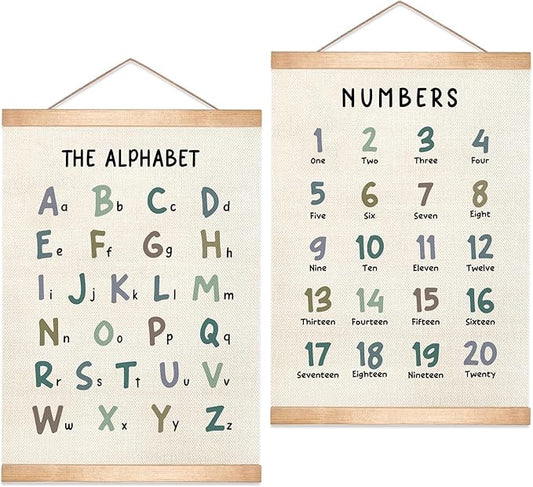 Kids Alphabet and Numbers Learning Posters Set of 2,18.5x14 Inch Linen&Canvas Educational Wall Art with Wood Hanger, ABC 123 Chart for Toddlers Classroom Nursery Playroom Decor (Colored Font)