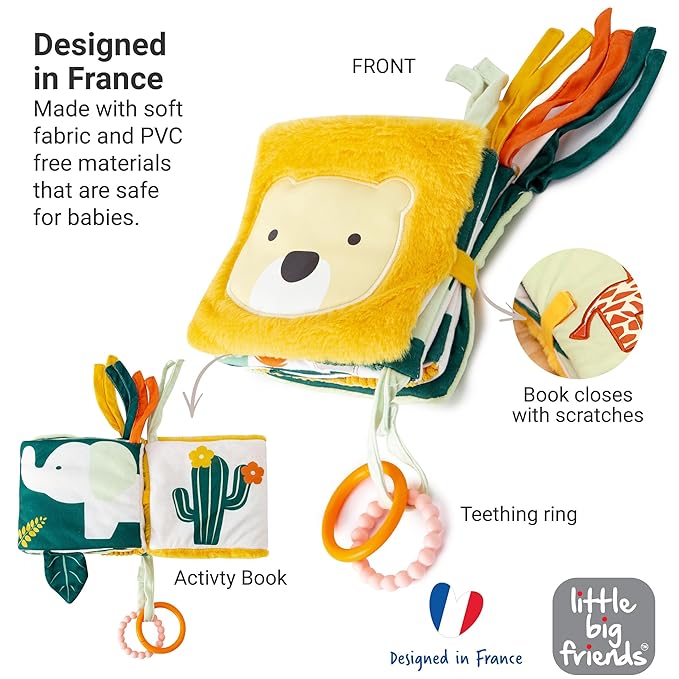 Little Big Friends Soft Crinkle Activity Book for Babies | 2-in-1 Sensory Cloth Book with Mirror, Teething Ring & Textures | Crib Toy for Infants & Toddlers | Attaches Easily | Jungle Theme