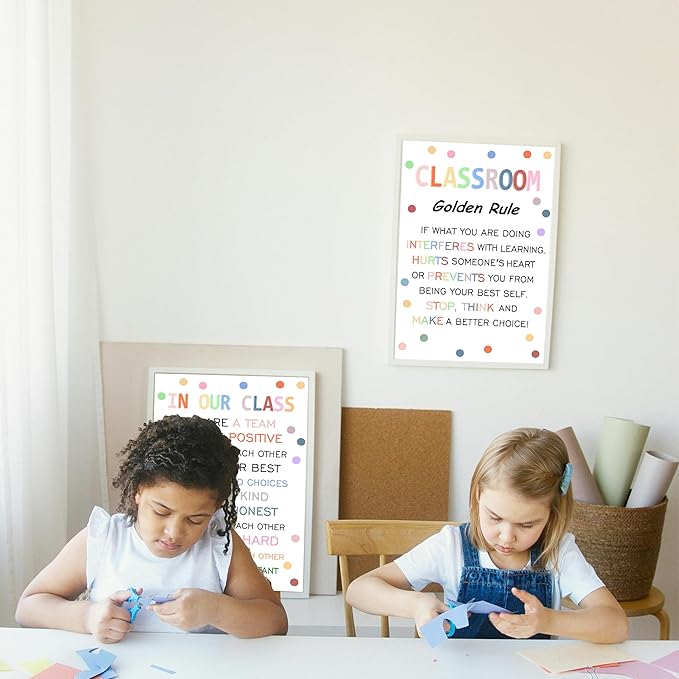 Wentipo Classroom Rule Poster with Pastel Boho Polka Dots, Classroom Rules Poster for Elementary, Middle School, Positive Behavior Management Sign Wall Art Bulletin Board Decor 8x12inch Unframed