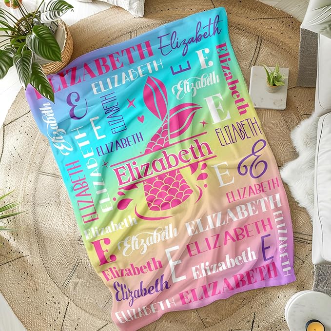 Girls Blankets, Custom with Name Mermaid Throws Gifts for Kids Teens Women, Personalized Soft Comfy Monogram Flannel Fleece Blanket for Bed Couch Sofa Home Decor, Mermaid Stuff Themed Gifts