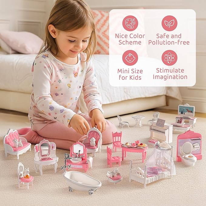 ROBOTIME 26PCS Dollhouse Furniture Set for Kids – Realistic Dollhouse Accessories with 5 Rooms: Living Room, Bedroom, Bathroom, Dining Room & Balcony, for Girls & Boys Ages 3+