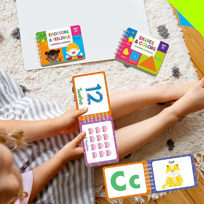 4 Preschool Learning Flipbooks, 96PCS Double Sided Printed Cards Set, Alphabet Letter A-Z, Number 1-20, Feelings and Emotions, Shapes and Colors Mini Board Books Set Early Educational Tool for Kids