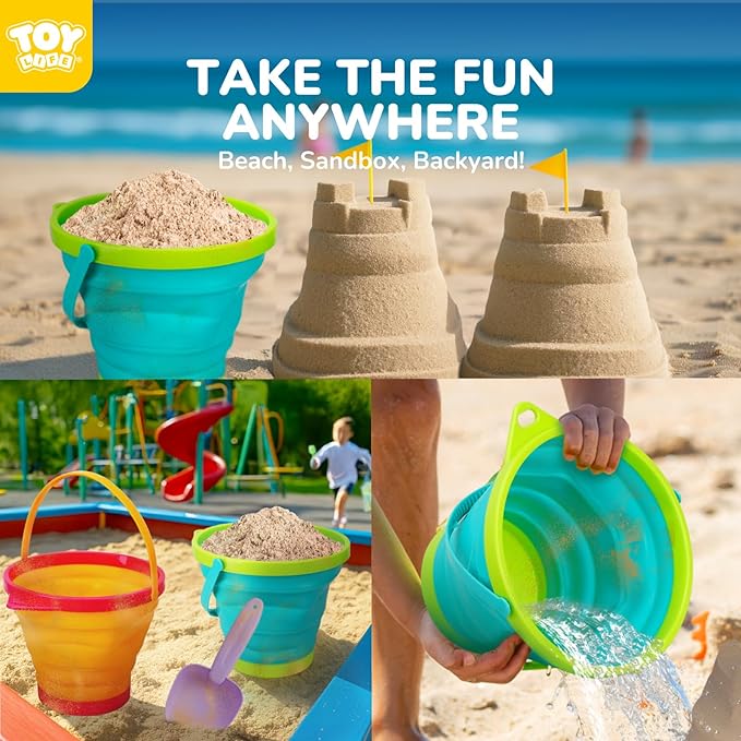 TOY Life 9 Pack Sand Buckets Toys Set with 3 Collapsible Beach Buckets 3 Shovels and 3 Rakes, Toddlers Beach Toys for Kids Ages 4-8 for Camping, Traveling, Fishing, Outdoor Summer Parties