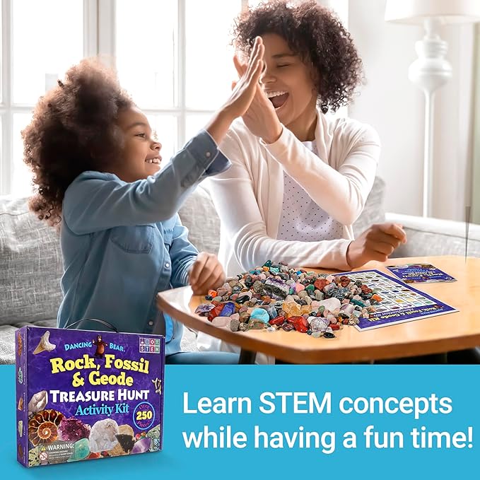 DANCING BEAR Rock, Mineral & Geodes Treasure Hunt Activity Kit (250 Pc Set) Real Shark Teeth Fossils, ID Sheet & Rock Book, STEM