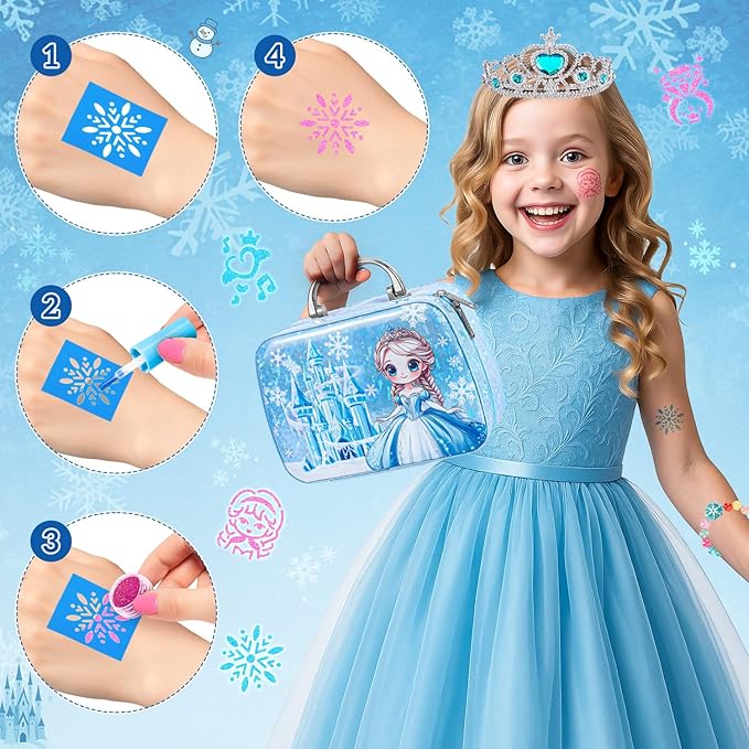 Kids Makeup Set for Girls Toys, 34Pcs Washable Princess Frozen Make Up Kit w/ Dress Up Accessories, Christmas Birthday Princess Gifts Toys for Girls Kids Toddlers Age 3 4 5 6 7 8 9 10 11 12