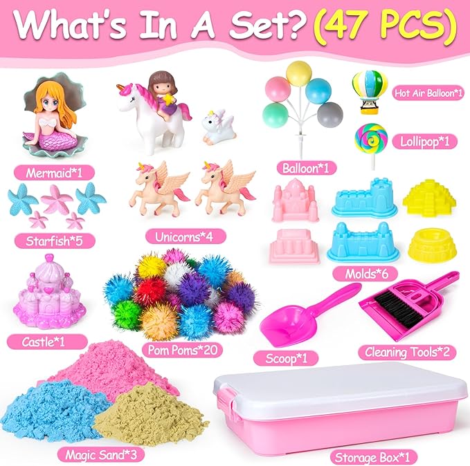 Sensory Bin, 47Pcs Unicorn Sandbox with Lid Play Sand Art Kit for Toddlers Sensory Toys with Magic Sand, 4 Unicorns, Moulds, Castle, Mermaid, Cleaning Tools- Gift for Kids 3 4 5 6 7 8