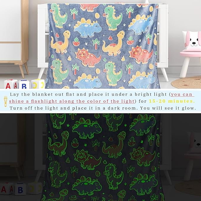 Cute Kids Blanket Glow in The Dark Dinosaur for Boys Flannel Glowing Bed Sofa Couch Soft Warm Blankets Christmas Birthday Gifts Teen 80"x60"