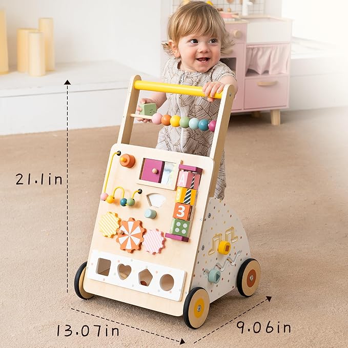 Wooden Baby Walker with Activity Center – Montessori Push Walker Toys for Boys & Girls 18 Months+ – Educational Toddler Learning Walker with 10-in-1 Sensory Games