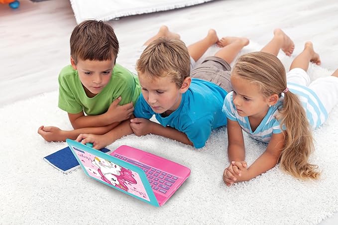 LEXiBOOK - Unicorn Educational and Bilingual Laptop Spanish/English - Toy for Children with 124 Activities to Learn Mathematics, Dactylography, Logic, Clock Reading, Play Games and Music - JC598UNIi2