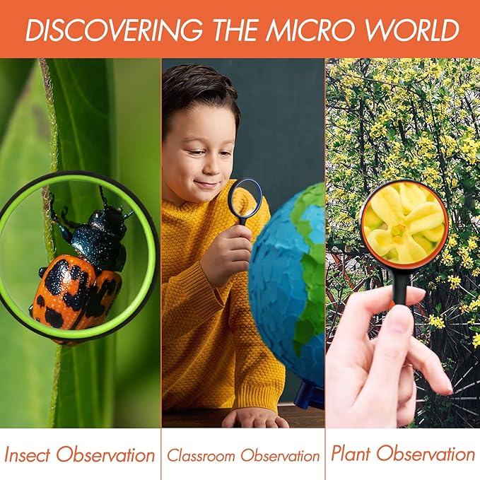 Leffis 8 Pack Magnifying Glass, 50mm 10X Glasses Lens Reading Magnifier for Kids and Seniors, Non-Slip Handheld Magnifying Glass for Close Work, Nature Exploration