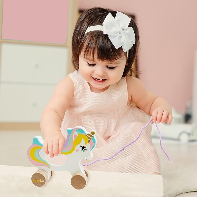 Wooden Unicorn Push & Pull Along Toy Developmental Montessori Toddler Pull Toys Improves Balance Strength Confidence for Infants Develop Cognitive Skills Baby Toddlers 18 Month Pull Toy